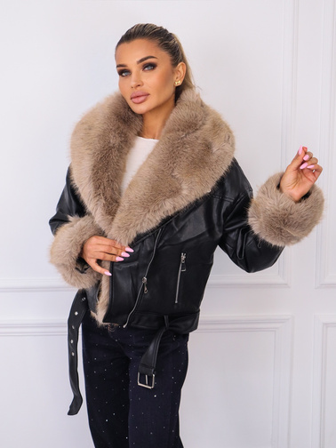 KURTKA Z EKO SKÓRY Z ODPINANYM BRĄZOWYM FUTERKIEM
