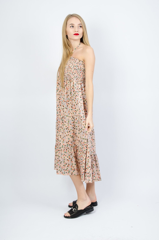 BEŻOWA  SUKIENKA BEZ RĘKAWÓW  WIĄZANA NA SZYI 