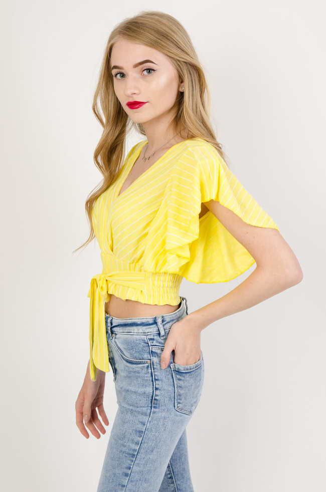 Żółty top w białe paski z wiązaniem