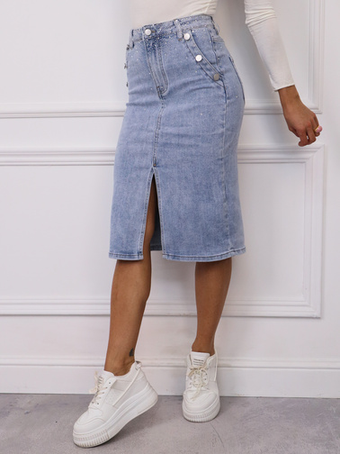 SPÓDNICA JENSOWA MIDI Z BŁYSZCZĄCYM ZDOBIENIEM- NIEBIESKA