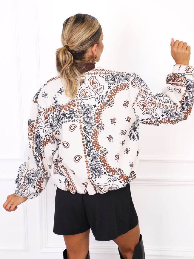 KURTKA BOMBERKA MATERIAŁOWA WE WZORY- BIAŁA