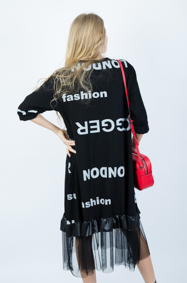 CZARNA DZIANINOWA SUKIENKA Z TIULOWYM DOŁEM