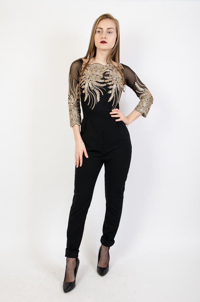 Czarny elegancki kombinezon ze złotymi cekinami 