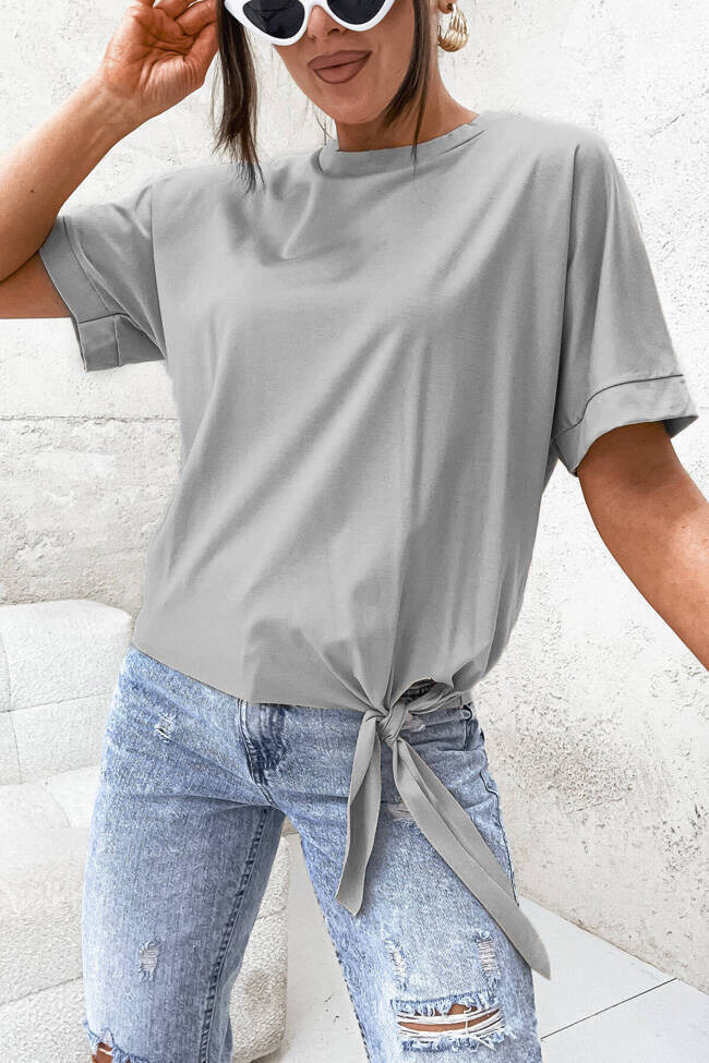BLUZKA NA KRÓTKI RĘKAW WIĄZANA NA BOKU- SZARA