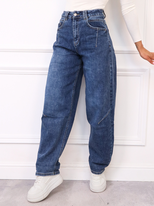 SPODNIE JEANSOWE MOM FIT Z PRZESZYCIAMI- GRANATOWE