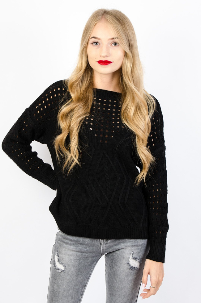 CZARNY SWETER Z AŻUROWĄ GÓRĄ ORAZ RĘKAWAMI