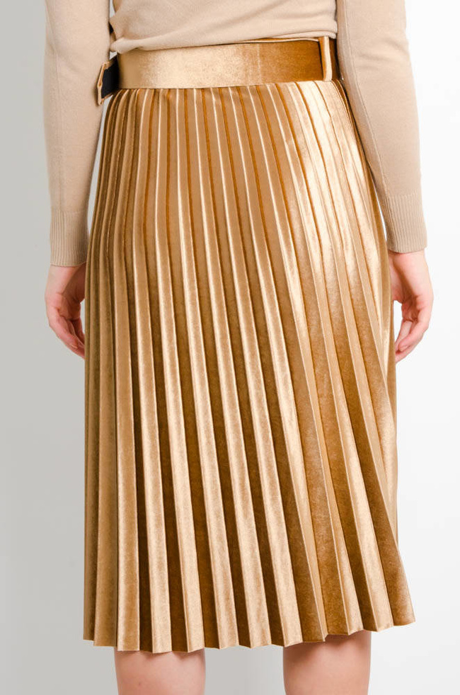 BRĄZOWA WELUROWA PLISOWANA SPÓDNICA Z PASKIEM-MIDI