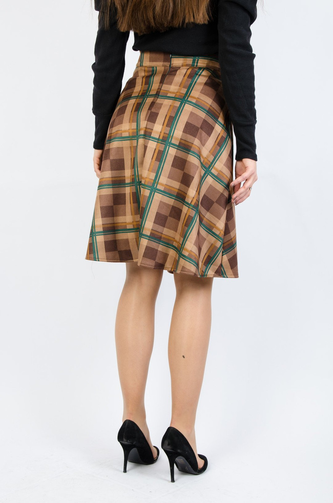 Spódnica midi w brązową kratę z wiązaniem w pasie