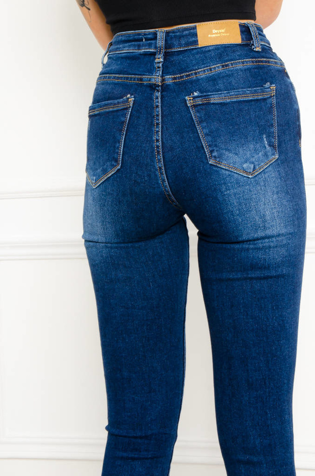 SPODNIE JEANSOWE SKINNY Z PRZETARCIAMI- CIEMNY JEANS