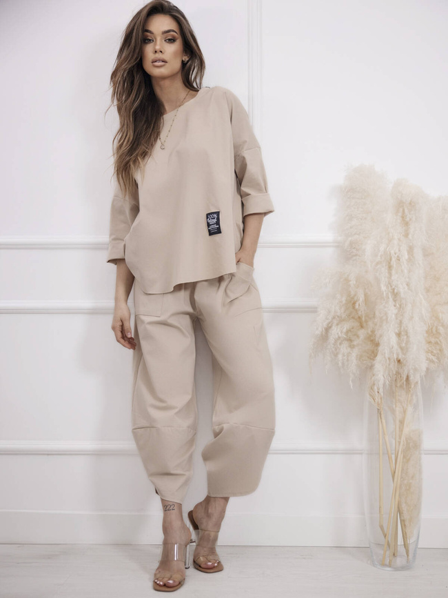 KOMPLET OVERSIZE SPODNIE+ T-SHIRT- BEŻOWY