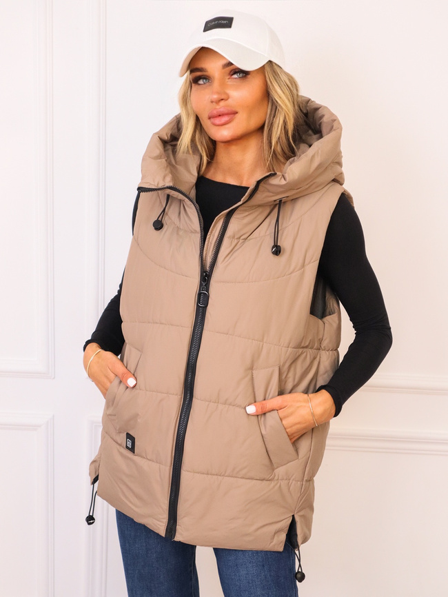 ASYMETRYCZNA KAMIZELKA Z KAPTUREM I ŚCIAGACZEM NA DOLE- CAPPUCCINO