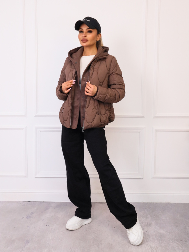 KURTKA PIKOWANA Z DZIANINOWYMI WSTAWKAMI- BRĄZOWA