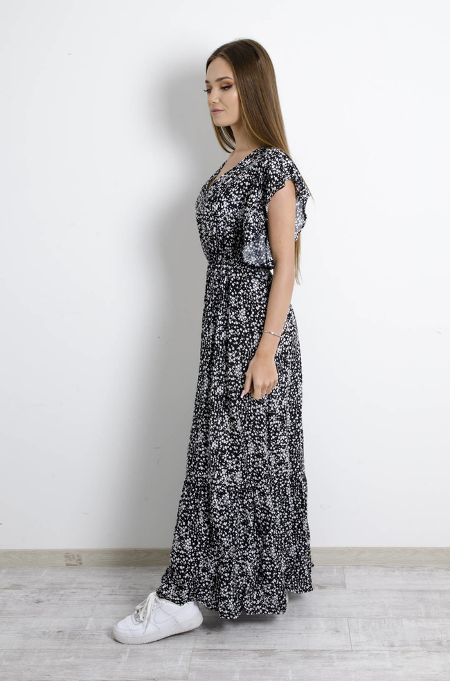 SUKIENKA MAXI W KWIATKI Z FALBANAMI PRZY RĘKAWACH- CZARNA