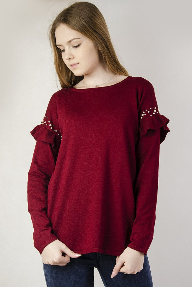 Bordowy sweterek z falbanką przy rękawie