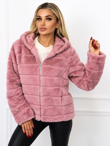 RÓŻOWA  FUTRZANA KURTKA Z KAPTUREM