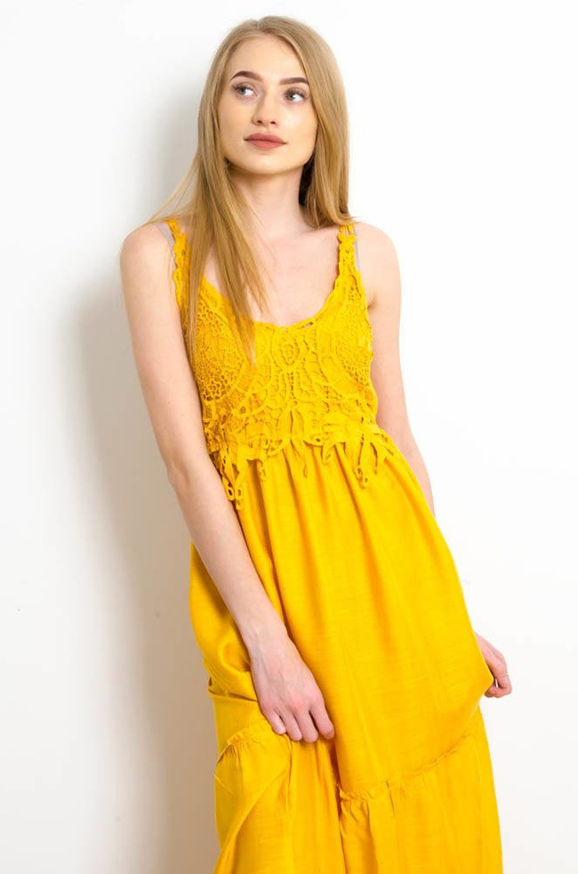 ŻÓŁTA SUKIENKA MAXI NA RAMIĄCZKACH Z AŻUROWĄ GÓRĄ
