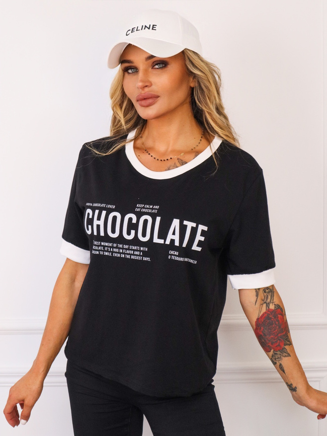 BLUZKA BAWEŁNIANA Z NAPISEM CHOCOLATE- CZARNA