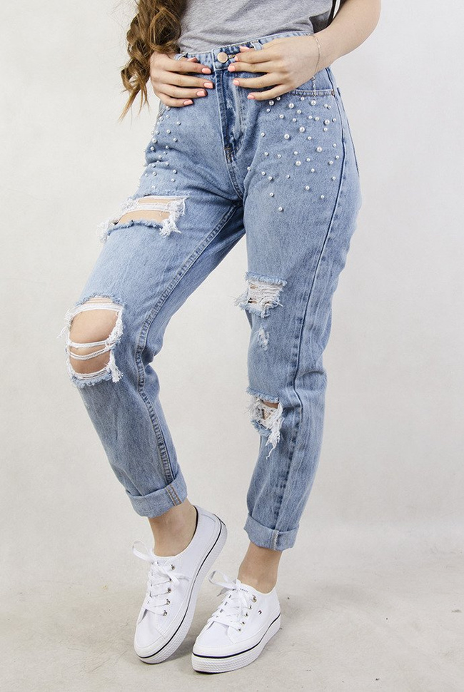 Spodnie jeansowe typu boyfriend z perełkami