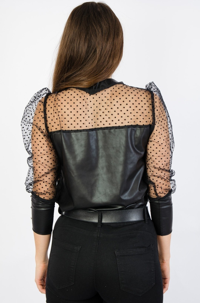 CZARNA BLUZKA Z IMITACJI SKÓRY Z SIATKĄ