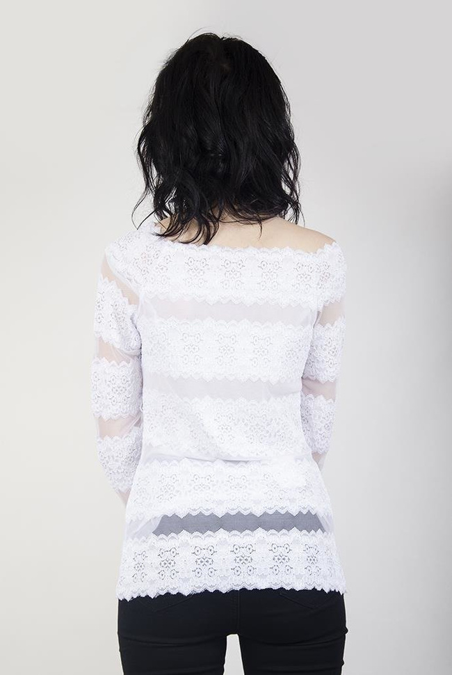 Biała bluzka z długim rękawem, ze wstawkami z koronki