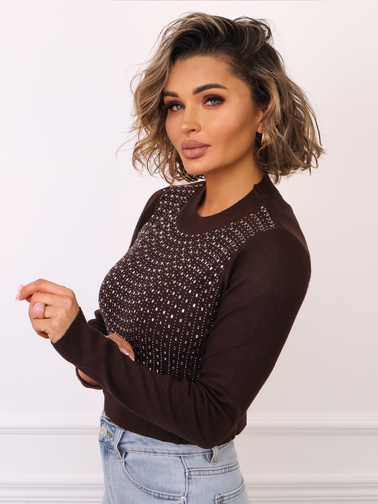 KRÓTKI SWETER ZDOBIONY CYRKONIAMI- BRĄZOWY