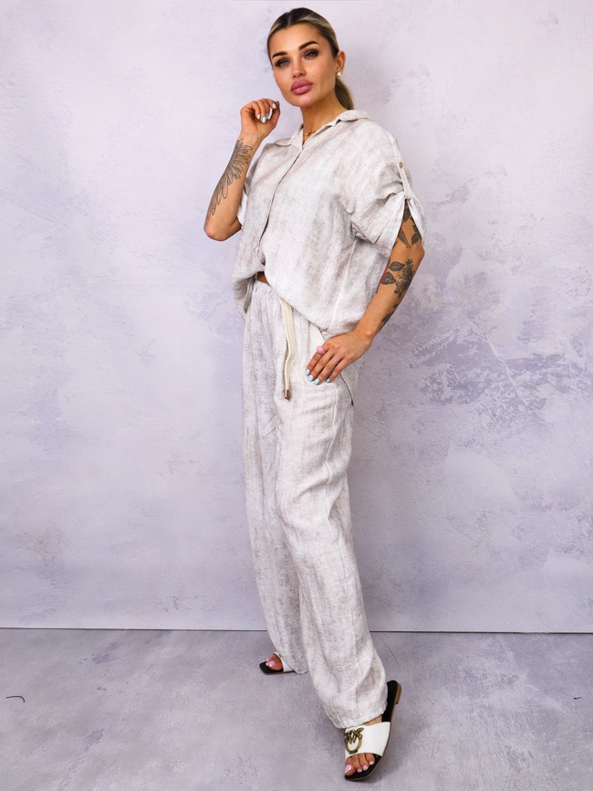 KOMPLET Z WISKOZY KOSZULA+ SPODNIE Z PLECIONYM PASKIEM- JASNOBEŻOWY