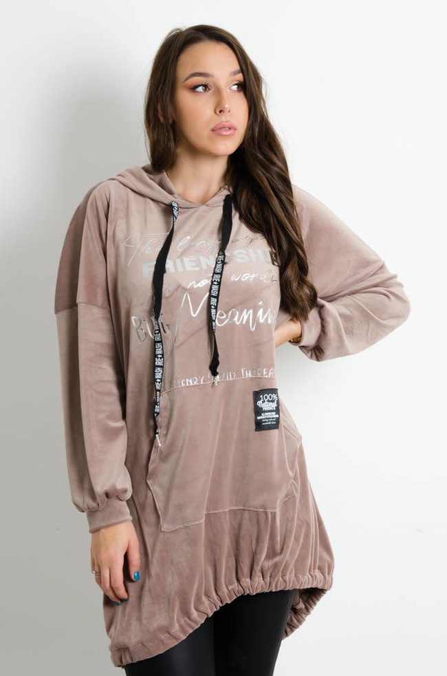 BRĄZOWA ASYMETRYCZNA TUNIKA Z NAPISEM