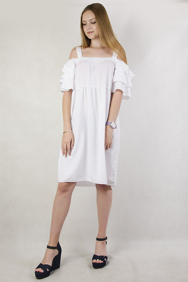 Biała sukienka z falbanami, na ramiączka