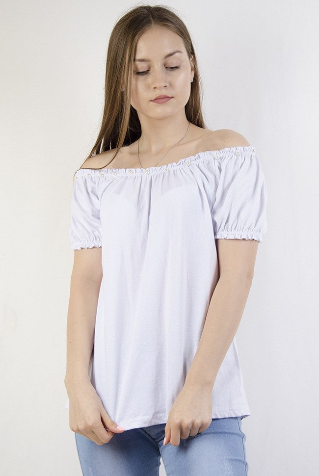 Biała bluzka hiszpanka z perełkami