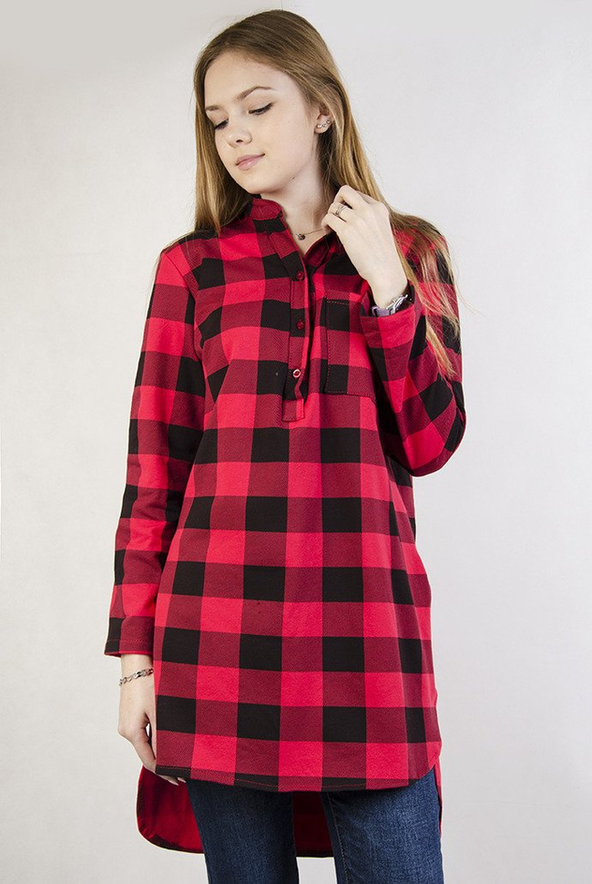 Długa asymetryczna koszula w czerwono-czarną kratę