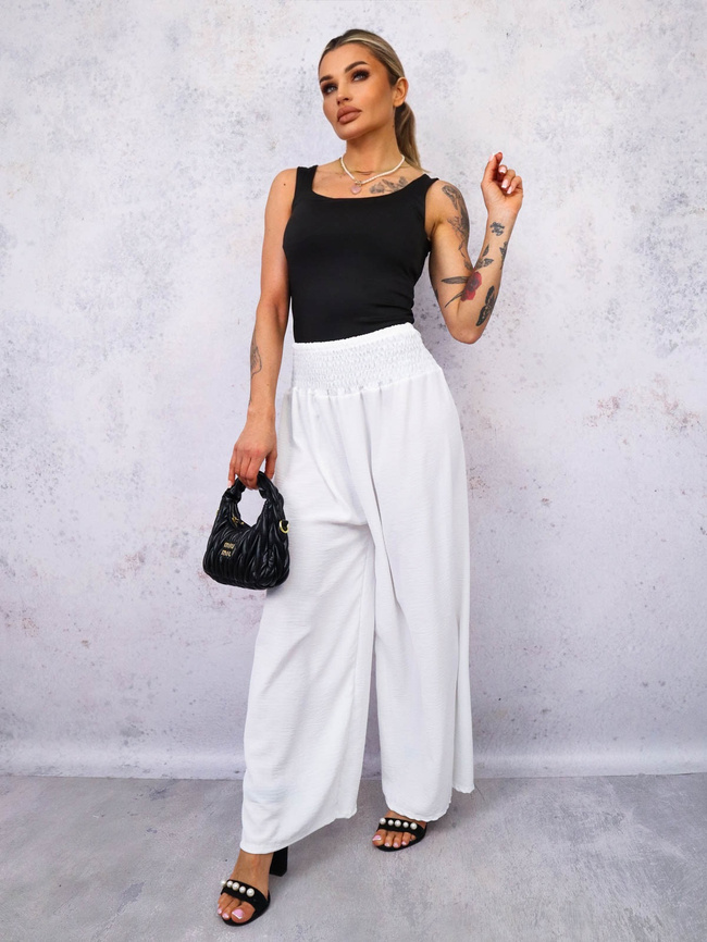 SPODNIE MATERIAŁOWE Z SZEROKIMI NOGAWKAMI I GUMĄ W PASIE- BIAŁE