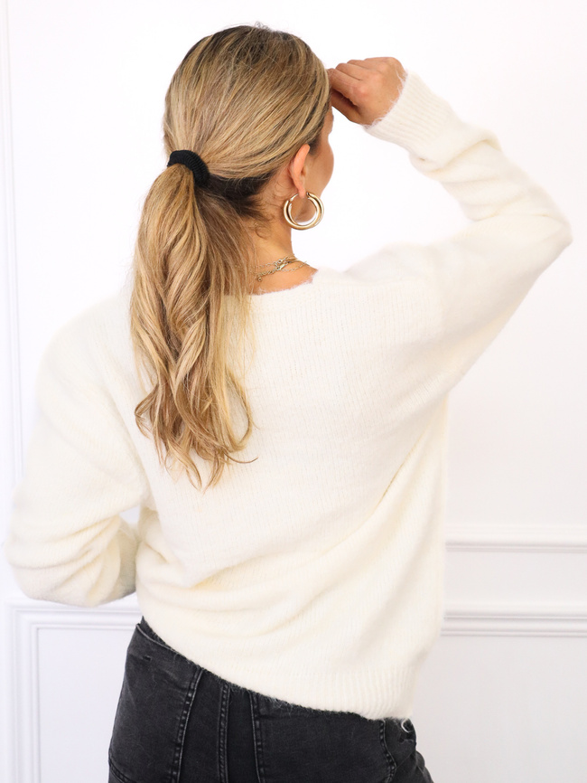 SWETER OVERSIZE Z DEKOLTEM W SEREK- ECRU