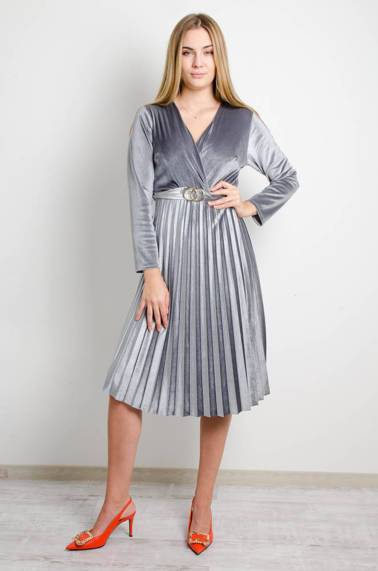 SZARA WELUROWA SUKIENKA Z PLISOWANIEM