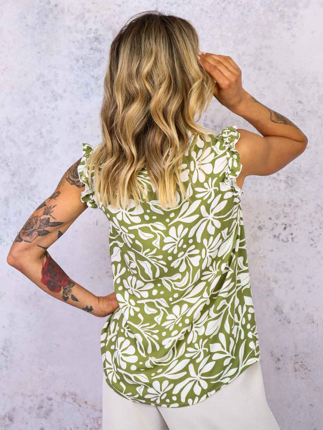 BLUZKA WZORZYSTA Z FALBANKAMI- ZIELONA