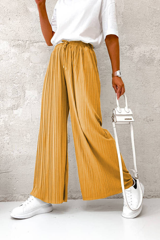 MUSZTARDOWE SPODNIE Z SZEROKIMI PLISOWANYMI NOGAWKAMI-WYSOKI STAN