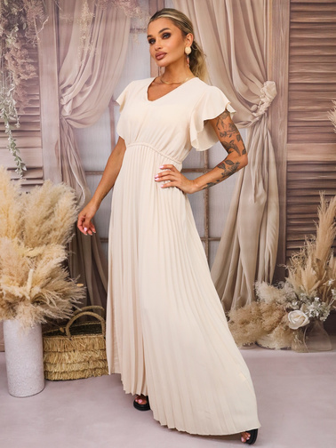 SUKIENKA MAXI PLISOWANA Z FALBANAMI PRZY RĘKAWACH- BEŻOWA