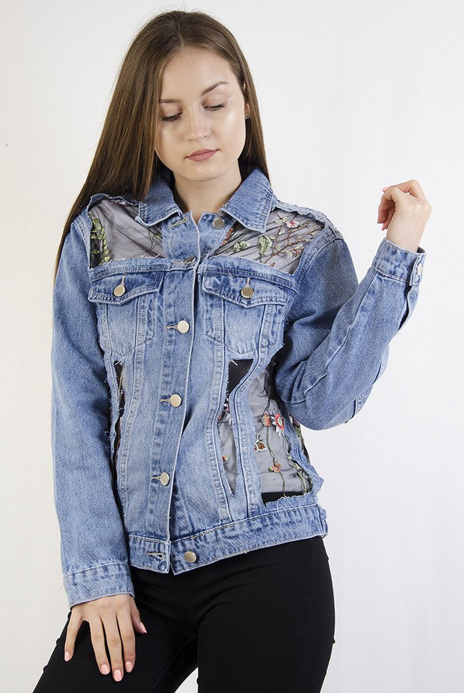 Kurtka jeansowa z haftami i elementami prześwitującymi