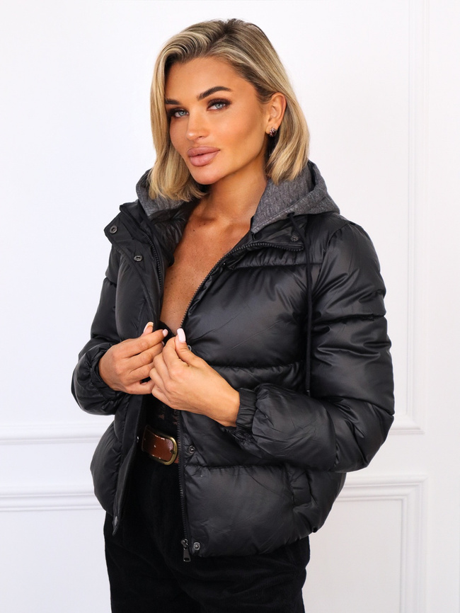 KURTKA ZAPINANA NA ZAMEK I ZATRZASKI Z BAWEŁNIANYM KAPTUREM- CZARNA