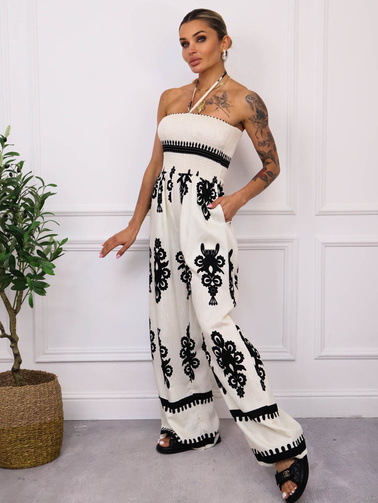 KOMBINEZON WZORZYSTY BEZ RAMIĄCZEK- BIAŁY