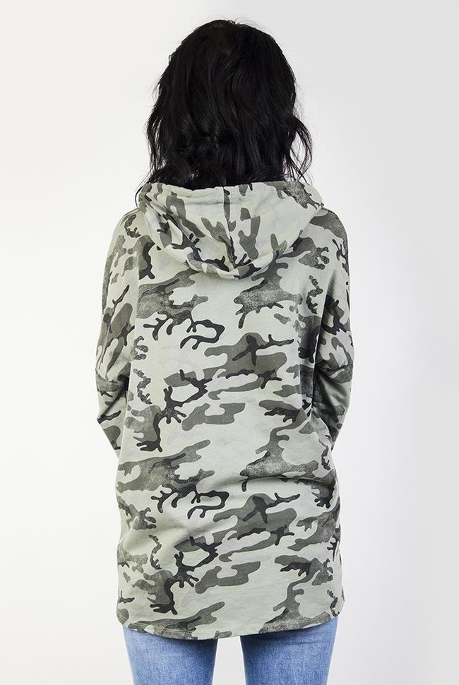 Khaki bluzka z kapturem w motyw moro