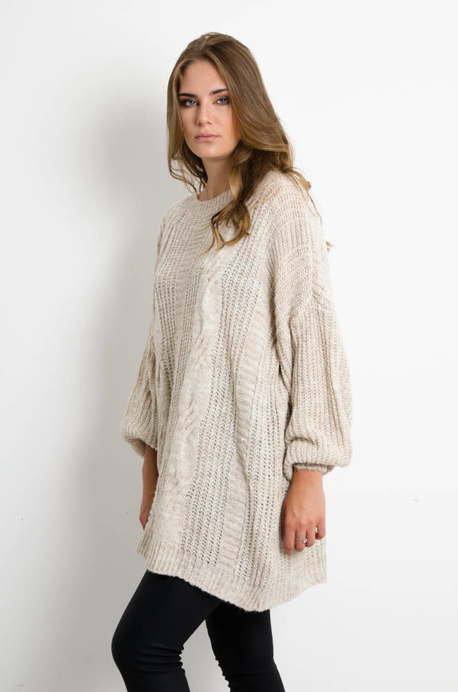 BEŻOWY SWETER Z BUFIASTYMI RĘKAWAMI