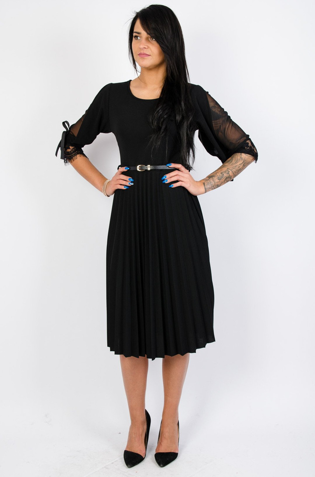 CZARNA SUKIENKA MIDI Z PLISOWANYM DOŁEM + PASEK