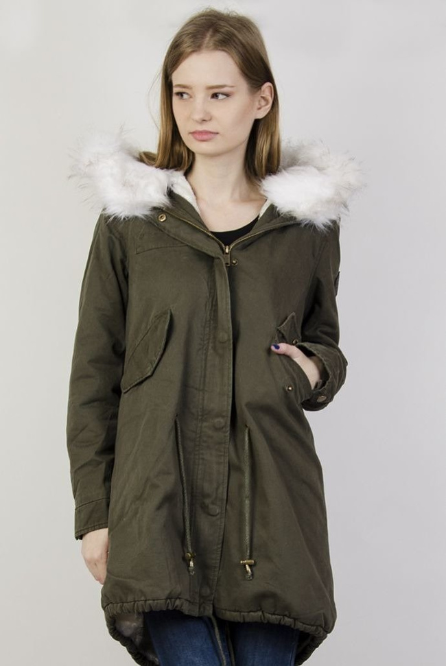 Kurtka khaki typu parka z białym futerkiem