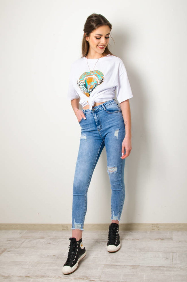 JASNE SPODNIE JEANSOWE Z PRZETARCIAMI-WYSOKI STAN