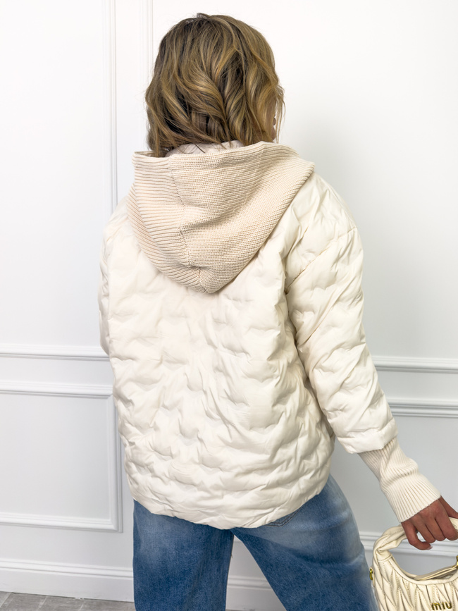 KURTKA PRZEJŚCIOWA ASYMETRYCZNA Z DZIANINOWYM KAPTUREM I ŚCIĄGACZAMI- ŚMIETANKOWA