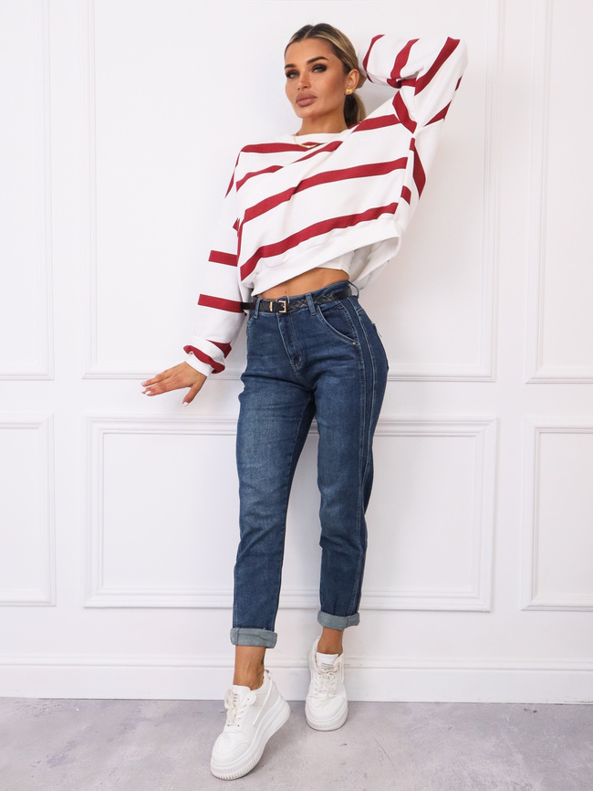 SPODNIE JEANSOWE Z PRZESZYCIAMI I WYSOKIM STANEM- GRANATOWE