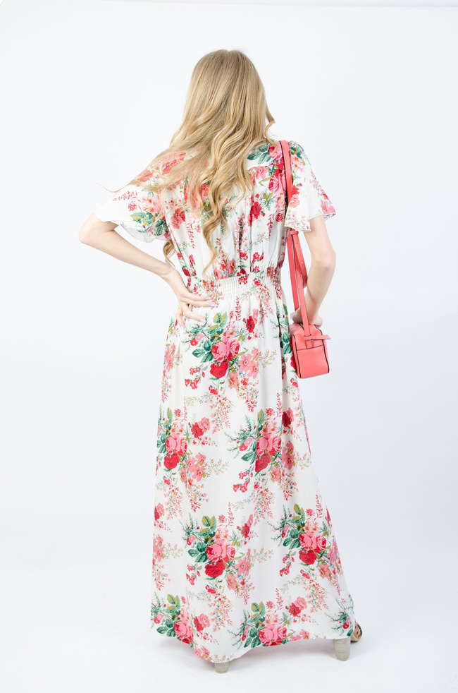 Biała długa sukienka w kwiaty z gumą w pasie