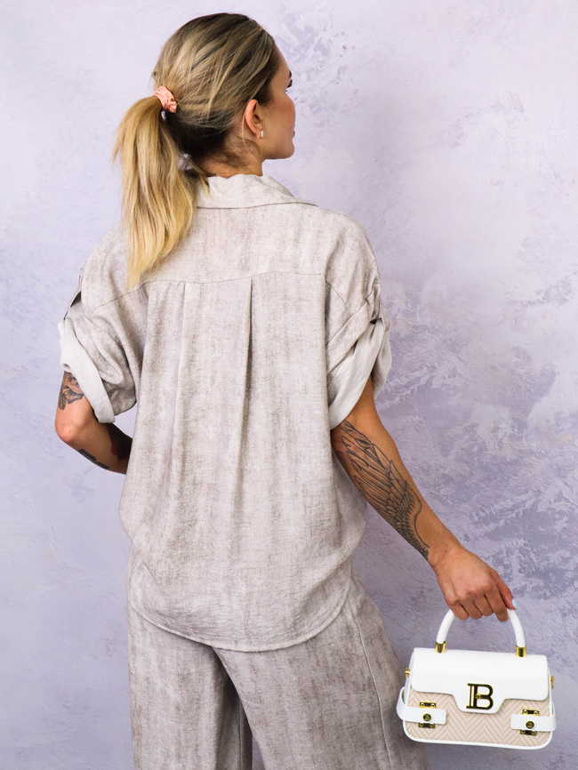 KOMPLET Z WISKOZY KOSZULA + SPODNIE Z PLECIONYM PASKIEM- CIEMNOBEŻOWY