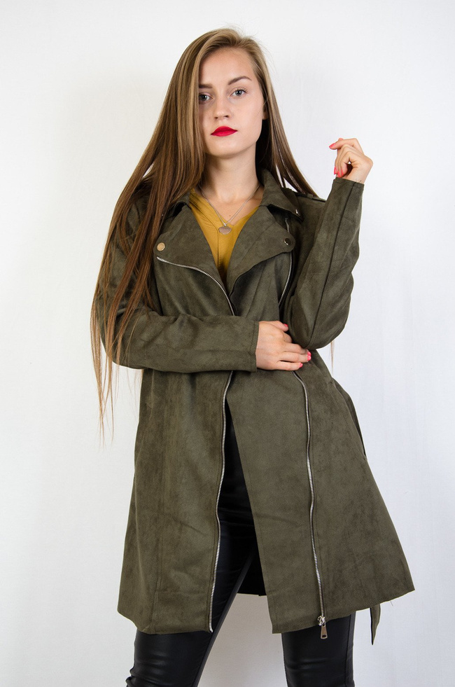 Zielony zamszowy płaszcz zapinany na zamek