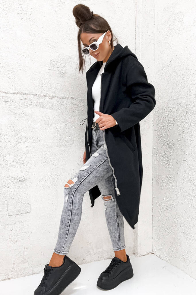 PŁASZCZ POLAROWY Z KAPTUREM I ŚCIAGACZEM W PASIE- CZARNY